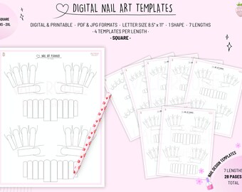 スクエアネイルアートテンプレート | 7 つの長さ | ネイルスケッチ、描画 | ネイルデザインの練習 | 落書きネイル | 印刷可能なネイルシート | ネイルプランニング