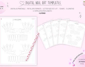 Almond Nail Art Templates | 5 Lengths | Nail Sketch, Drawings | Practice Nail Designs | Doodle Nails | Printable Nail Sheets | Nail Planning