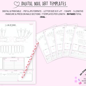 以下が含まれることがあります： 楕円形の爪のためのデジタルネイルアートテンプレート。印刷可能なテンプレートはレターサイズで、8.5インチ×11インチ、5つの長さ、長さあたり7つのテンプレート、合計35ページが含まれています。テンプレートには、デザイン、色、素材、価格、時間、爪のサイズなどを計画するためのネイルアートプランナーが含まれています。