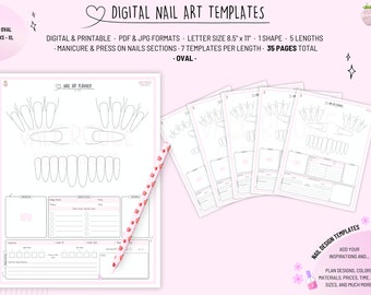 Oval Nail Art Templates with Text Boxes | 5 Lengths | Nail Sketch, Drawings | Practice Nail Designs | Doodle Nails | Printable Nail Sheets