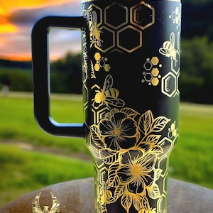Black and Gold Bee 40oz Laser Engraved Tumbler With Handle, Insulated Hot & Cold Tumbler Travel Mug with Lid and Straw