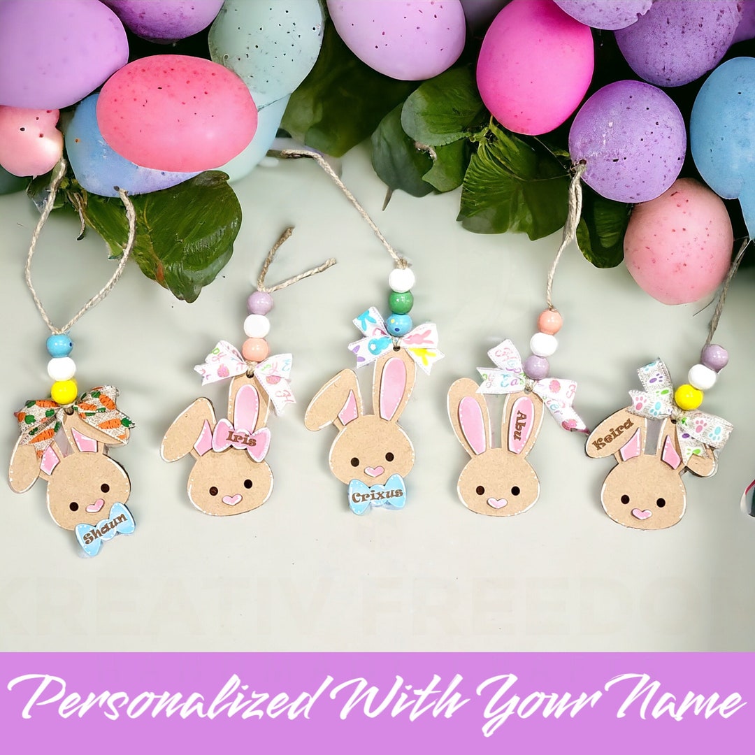 Personalized Easter Bunny Basket Tags, Custom Name Wooden Rabbit Gift