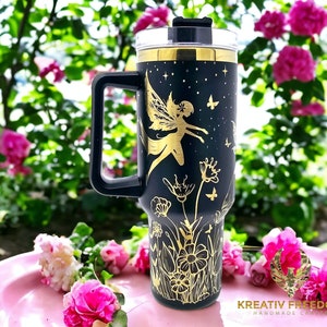 Mesmerizing Fairies 40oz Laser Engraved Tumbler With Handle, Insulated Hot & Cold Tumbler Travel Mug with Lid and Straw