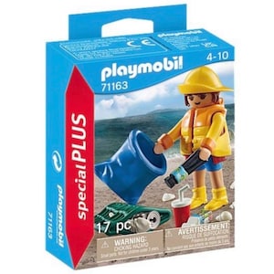 Könnte beinhalten: Ein Playmobil-Spielset mit einer Figur in gelbem Hut und Weste, die einen blauen Eimer und einen schwarzen Gegenstand hält. Die blaue Box trägt den Schriftzug "PLAYMOBIL" und "special PLUS". Enthält 17 Teile. Empfohlen für Kinder von 4-10 Jahren.