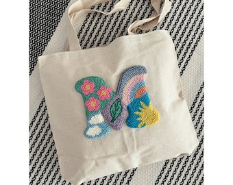 Embroidered Tote Bag, Personalized Punch Needle Tote Bag, Canvas Tote Bag,  Crochet Tote Bag, Eco Friendly Cotton Bag, Fabric Tote Bag