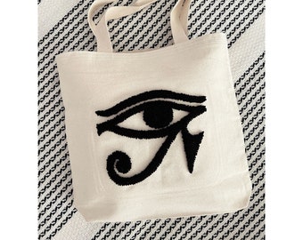 Eye of Horus Embroidered Tote Bag, Tote Shoulder Bag, Punch Needle, Book Tote Bag, Custom Embroidered, Tote Bag for School, Tote Bag Purse