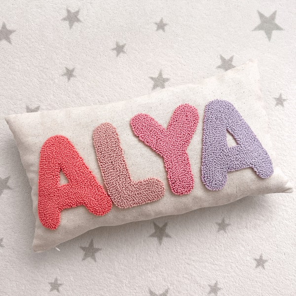 Embroidered Punch Needle Pillow, Custom Baby Gift, Personalized Baby Gift Nursery Decor, Handmade Toddler Birthday Gift, Kid Room Home Decor