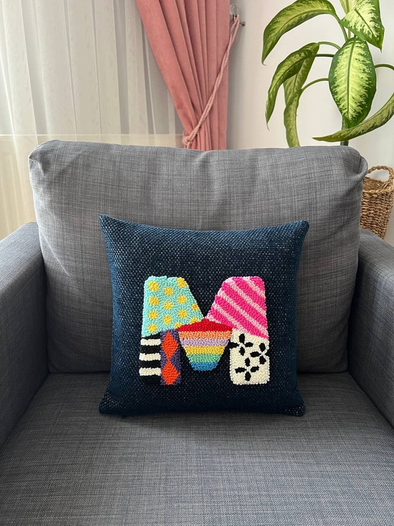 Punch Needle Custom Throw Pillow Cover, Unique Baby Shower Gift, Embroidered Letter Pillow Cover, Personalized Cushion Cover, Room Decor image 8