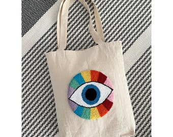 Punch Needle Tote Bag, Tufted and Handmade Bag, Canvas Cloth Bag, Eco-Friendly Cotton Shopper Bag, Embroidery Canvas Shopping Bag, Book Bag