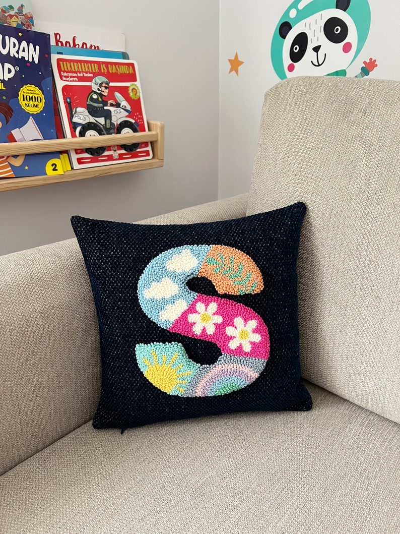 Punch Needle Custom Throw Pillow Cover, Unique Baby Shower Gift, Embroidered Letter Pillow Cover, Personalized Cushion Cover, Room Decor image 2