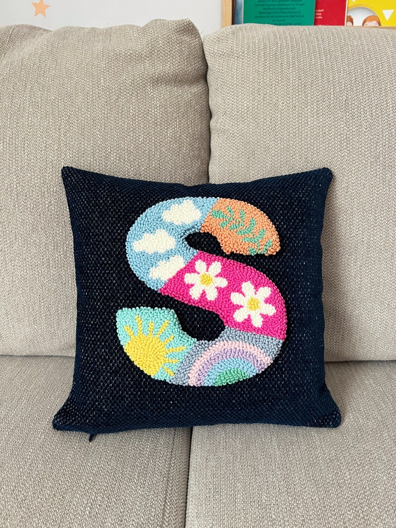 Punch Needle Custom Throw Pillow Cover, Unique Baby Shower Gift, Embroidered Letter Pillow Cover, Personalized Cushion Cover, Room Decor image 9