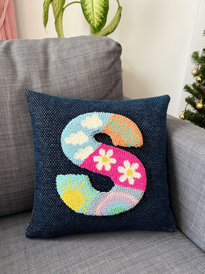 Punch Needle Custom Throw Pillow Cover, Unique Baby Shower Gift, Embroidered Letter Pillow Cover, Personalized Cushion Cover, Room Decor image 5