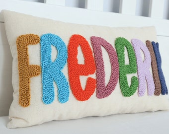 Embroidered Punch Needle Pillow, Custom Baby Gift, Personalized Baby Gift Nursery Decor, Handmade Toddler Birthday Gift, Kid Room Home Decor