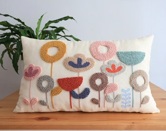 Embroidered Summer Flowers Bouquet Pillow Cases with Comfort Colors, Handmade Punch Needle Pillow,  Bolster Pillow, Coquette Room Decor,