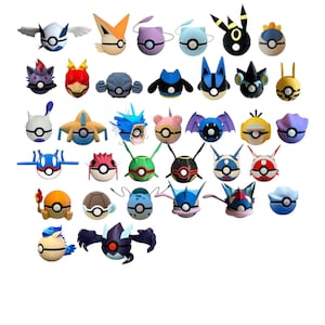 May include: A collection of thirty-two spherical figurines, each featuring a central circular button design resembling a Poké Ball. The figures are stylized with various colors, patterns, and appendages, representing diverse creature-like characters.