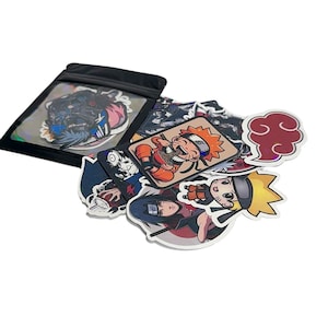 May include: A set of colorful anime character stickers featuring Naruto, Sasuke, and other characters. The stickers are in a clear plastic bag.