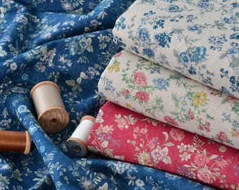 Tela con estampado floral vintage, tela de lino floral, tela de lino y algodón por media yarda