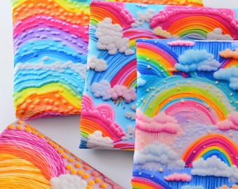 Rainbow Fabric 3D Effect Rainbow and Cloud Fabric 100% Cotton Fabric By The Half Yard