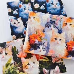 Multi Colored Cat Fabric 100% Cotton Fabric By The Half Yard Cat and Flower Fabric