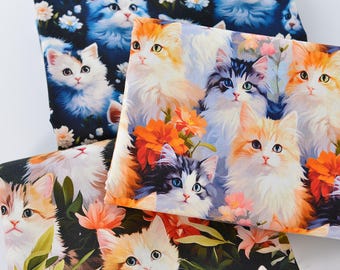Multi Colored Cat Fabric 100% Cotton Fabric By The Half Yard Cat and Flower Fabric