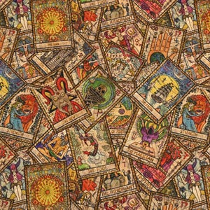Tela de tarot vintage con simbolismo de tarot, 100 % algodón, tela de dibujos animados, por media yarda
