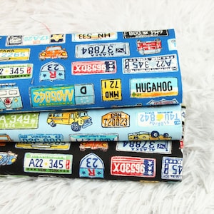 Retro Car License Plate & Vehicle Fabric 100% Cotton Fabric By The Half Yard