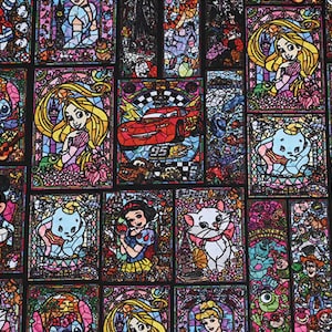 Disney Characters Grid Fabric Princess Marie Cat Stitch Mickey Minnie Mouse Donald Duck Fabric 100% Cotton Cartoon Fabric By The Half Yard