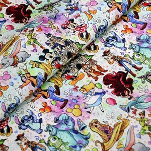 Tela de Mickey Minnie Mouse con puntadas de Dumbo, tela con elefantes, tela con castillos del Reino Mágico de hadas, tela de algodón 100 % con dibujos animados, por media yarda