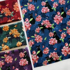 Black Cat and Floral Fabric 100% Cotton Cartoon Cotton Fabric By The Half Yard