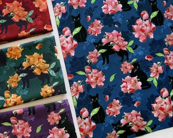Black Cat and Floral Fabric 100% Cotton Cartoon Cotton Fabric By The Half Yard