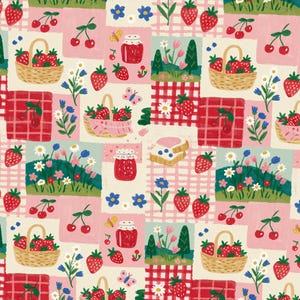 Watercolor Strawberry Picnic Fabric 100% Cotton Cartoon Cotton Fabric By The Half Yard