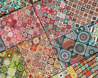 May include: A collection of patterned fabric swatches in various colors, including red, green, blue, and orange. The designs feature geometric and floral motifs, creating a patchwork effect. The fabric appears to be cotton or a similar material.