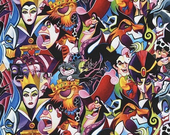 Tecido 100% algodão com estampa de personagens malignos da Disney, vendido por meio metro.