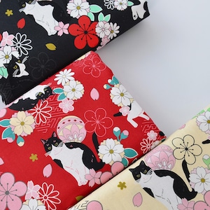 Japanese style Cat Fabric Sakura and Cat Fabric 100% Cotton Fabric By The Half Yard