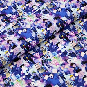 May include: Fabric with a repeating pattern of cartoon characters in various poses, set against a purple and blue starry background. The characters are in shades of blue, yellow, and white. The letter "R" is also visible.