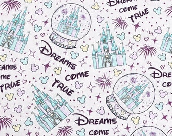 May include: A white background with a repeating pattern of purple fireworks, pink hearts, yellow Mickey Mouse ears, and a light blue castle with the text "Dreams Come True".
