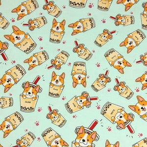 Welsh Corgi Dog Fabric Bubble Tea Fabric 100% Cotton Cartoon Cotton Fabric By The Half Yard