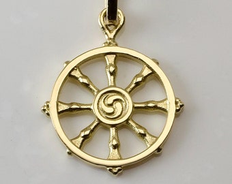 Colgante de rueda de Dharmachakra / Símbolo budista del Óctuple Sendero / Oro