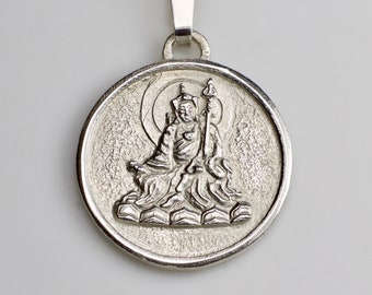 Guru Rinpoche Statue pendant, with Vajra Guru Mantra, Sterling Silver