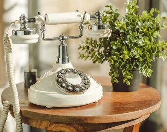 Premium Audio Guest Book Telephone | Vintage and Retro Style Audio Guestbook | White Rotary Phone