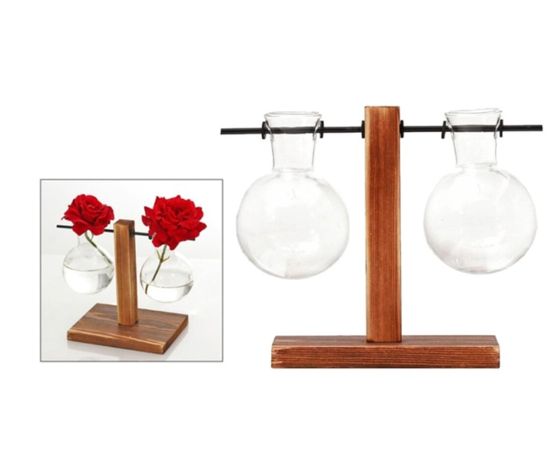 Glass Propagation Vase Bulbs With Wood Stand, Nordic Style Hydroponic