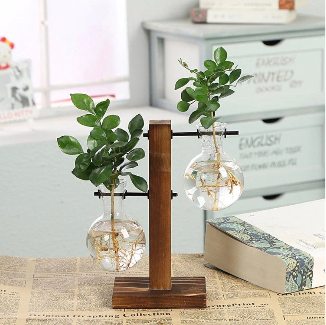 Glass Propagation Vase Bulbs With Wood Stand, Nordic Style Hydroponic