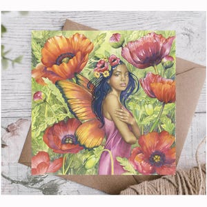 Klaprozen van Bonnie Hawkins: kunstkaart, fee, geïnspireerd op Keltische mythen en art nouveau, natuurgodin, blanco kaart.