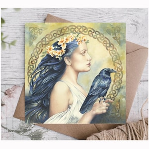 A Quiet Strength, blanco wenskaart van Bonnie Hawkins - geïnspireerd op Keltische mythen en art nouveau, natuurgodin, raaf, kraai, fee, mythe.