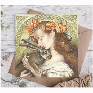 „Whispered Words“ by Bonnie Hawkins - inspiriert durch Kelten Mythos & Jugendstil, Naturgöttin, brauner Hase, Märchen, Kunstkarte, Fee