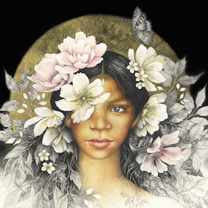Wenskaart getiteld "Vanessa" door Bonnie Hawkins - geïnspireerd door Keltische mythe, natuurgodin, bloemen, schepping, spiritueel, sprookje.