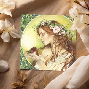 “Holding Hope” by Bonnie Hawkins - Kunst Karte, Fee, inspiriert von Kelten Mythos & Jugendstil, Naturgöttin, Rotkehlchen, Vogel, Blanko Karte.
