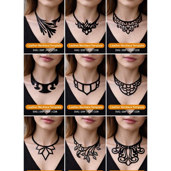 SERIE 1 - Leder Halskette Template Bundle SVG DXF | 9 Laser geschnittene Halsketten-Muster | Cricut Glowforge Lightburn | Sofort Download