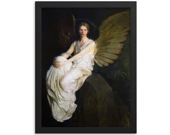May include: A painting of an angel with golden wings sitting on a rock. The angel is wearing a white dress and has a halo. The word "MORS" is inscribed on the rock.
