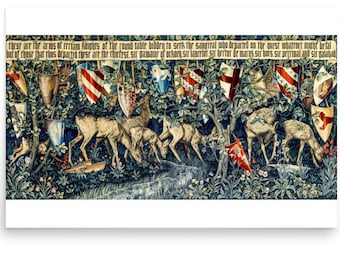 W poszukiwaniu Świętego Graala Gobeliny: Zieleń z jeleniami i tarczami (1900). Plakat autorstwa Williama Morrisa, Sir Edwarda Burne–Jonesa, Johna H. Dearle’a